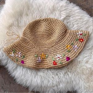 Vintage 90s Floral Embroidered Straw Bucket Summer Sun Hat 👒 🌺